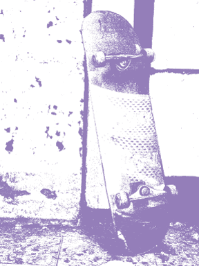 Skateboard lehnt lässig an einer Wand und ergänzt die moderne, urbane Illustration im Old-School-Stil.