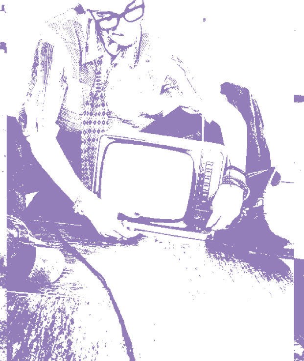 Illustrierter Mensch in Pink sitzt neben einem Old-School-Röhrenfernseher auf dem Boden