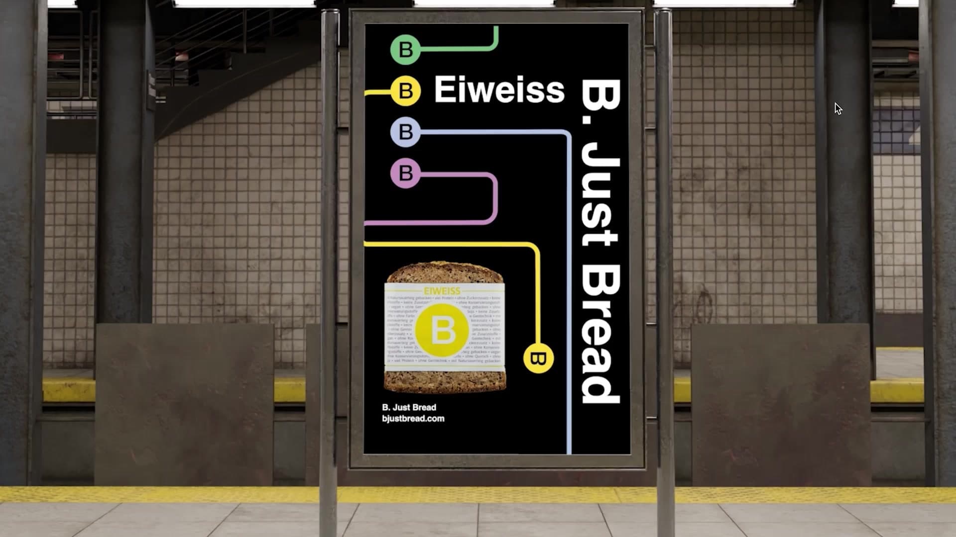B. Just Bread Plakat für Eiweißbrot im Stil eines Liniennetzplans in einem U-Bahnhof