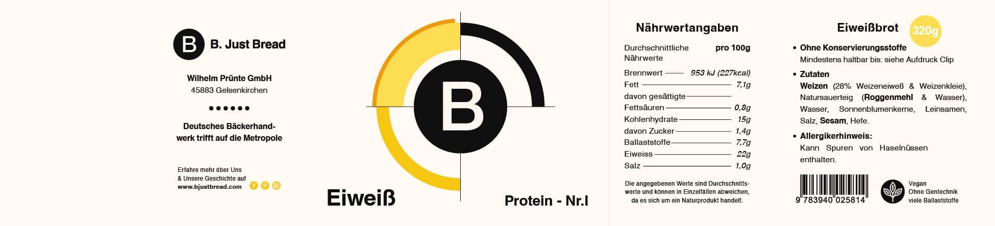 B. Just Bread Banderole für Eiweißbrot mit B-Logo und Nährwertangaben
