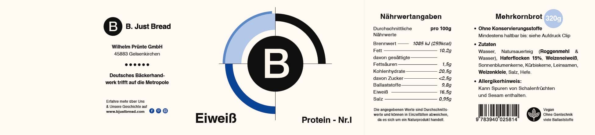 B. Just Bread Banderole für Mehrkornbrot mit blauem B-Branding und Nährwertangaben