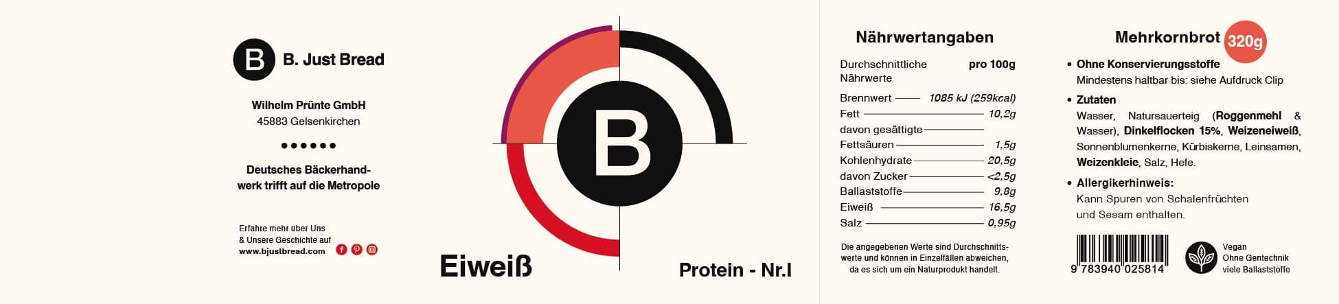 B. Just Bread Banderole für Mehrkornbrot mit rotem und schwarzem B-Branding