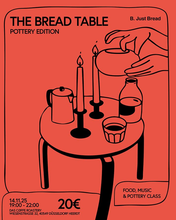 Plakat für The Bread Table Pottery Edition mit Keramik, Brot und Kerzen