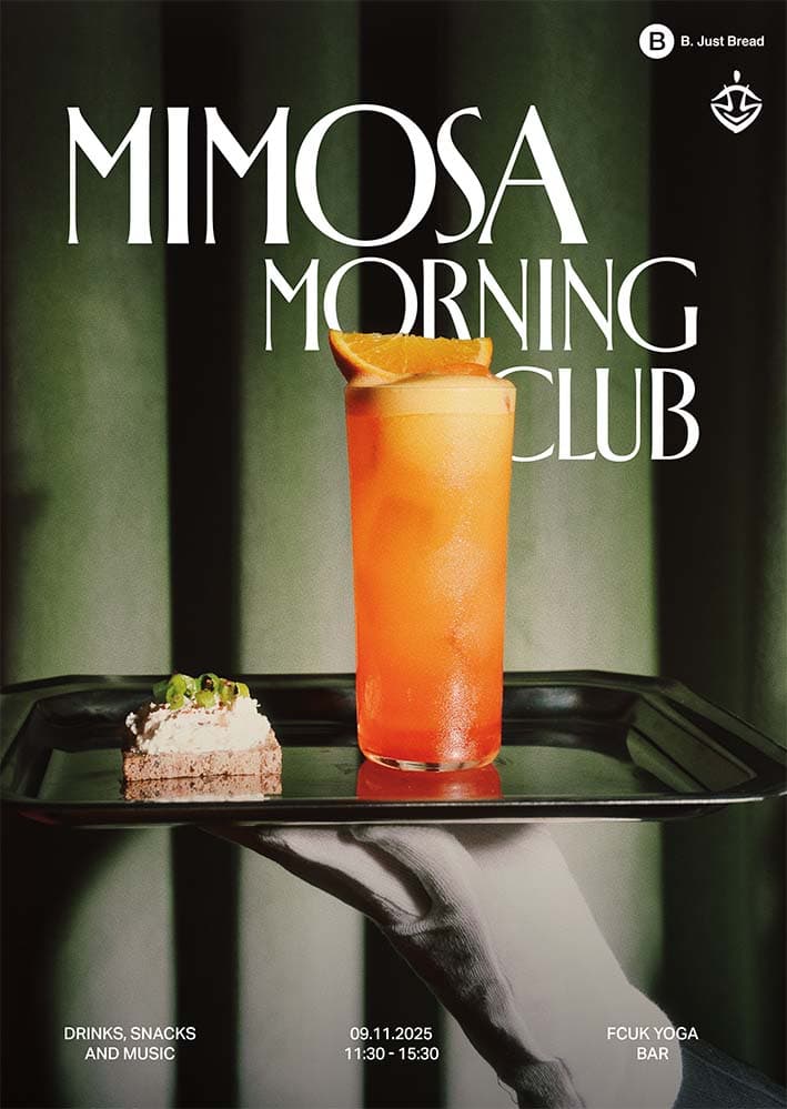 B. Just Bread Mimosa Morning Club Plakat mit Cocktail und Snack