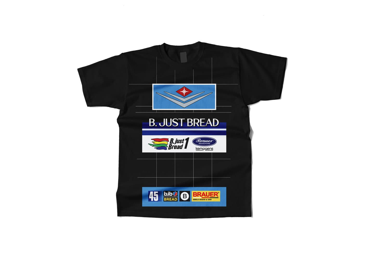 Schwarzes B. Just Bread Running Shirt mit grafischem Design und verschiedenen Markenlogos auf weißem Hintergrund
