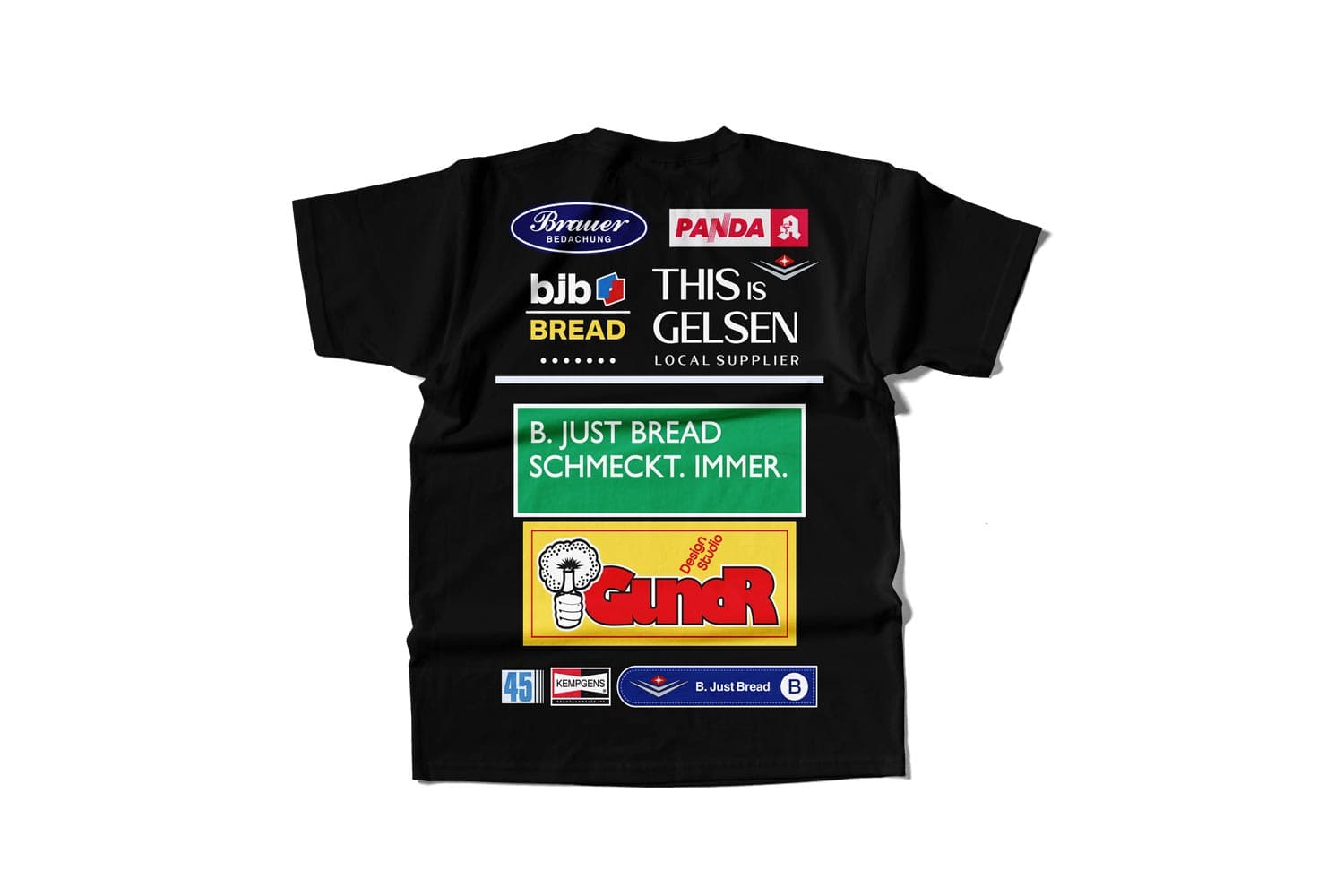 Rückseite eines schwarzen B. Just Bread Running Shirts mit lokalen Markenlogos