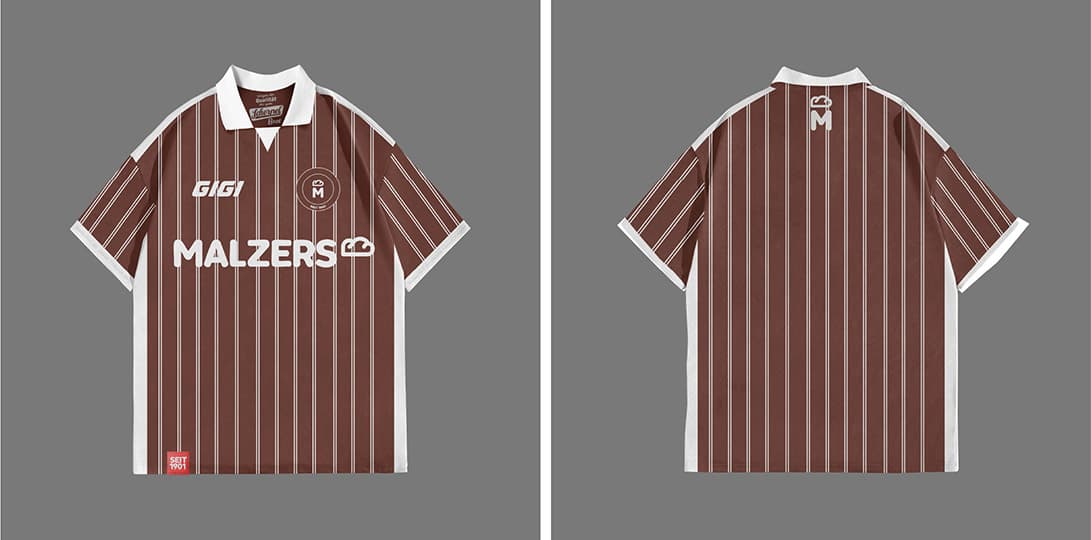 Vorder- und Rückansicht des braunen Malzers Running Jersey mit weißen Streifen und Logos