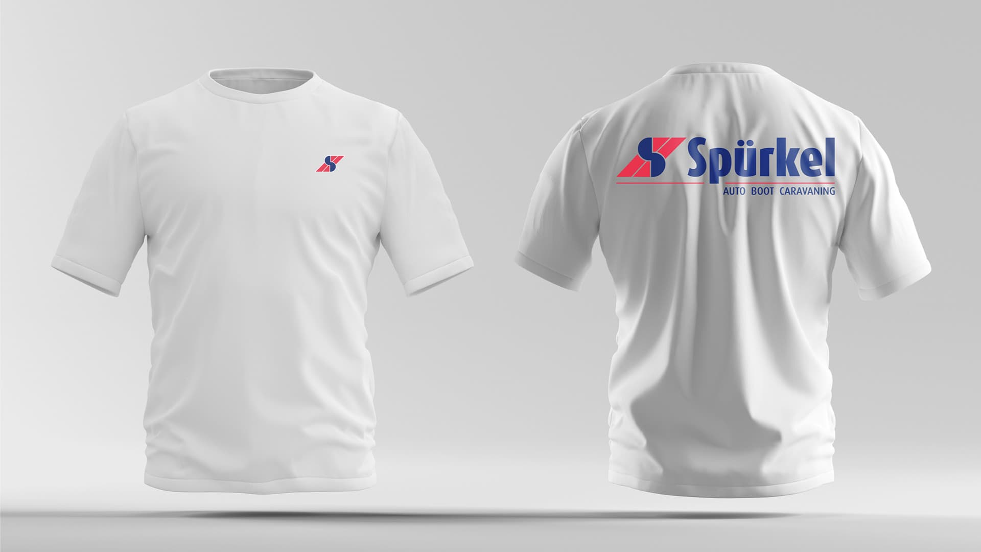Vorder- und Rückansicht eines weißen Spürkel T-Shirts mit neuem Logo