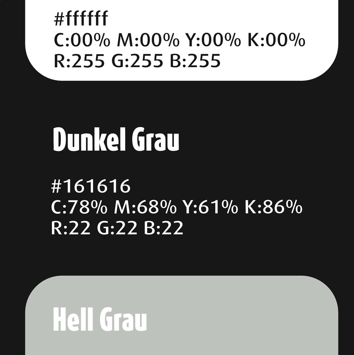 Spürkel Corporate Design mit Farbpalette aus Weiß, Dunkelgrau und Hellgrau