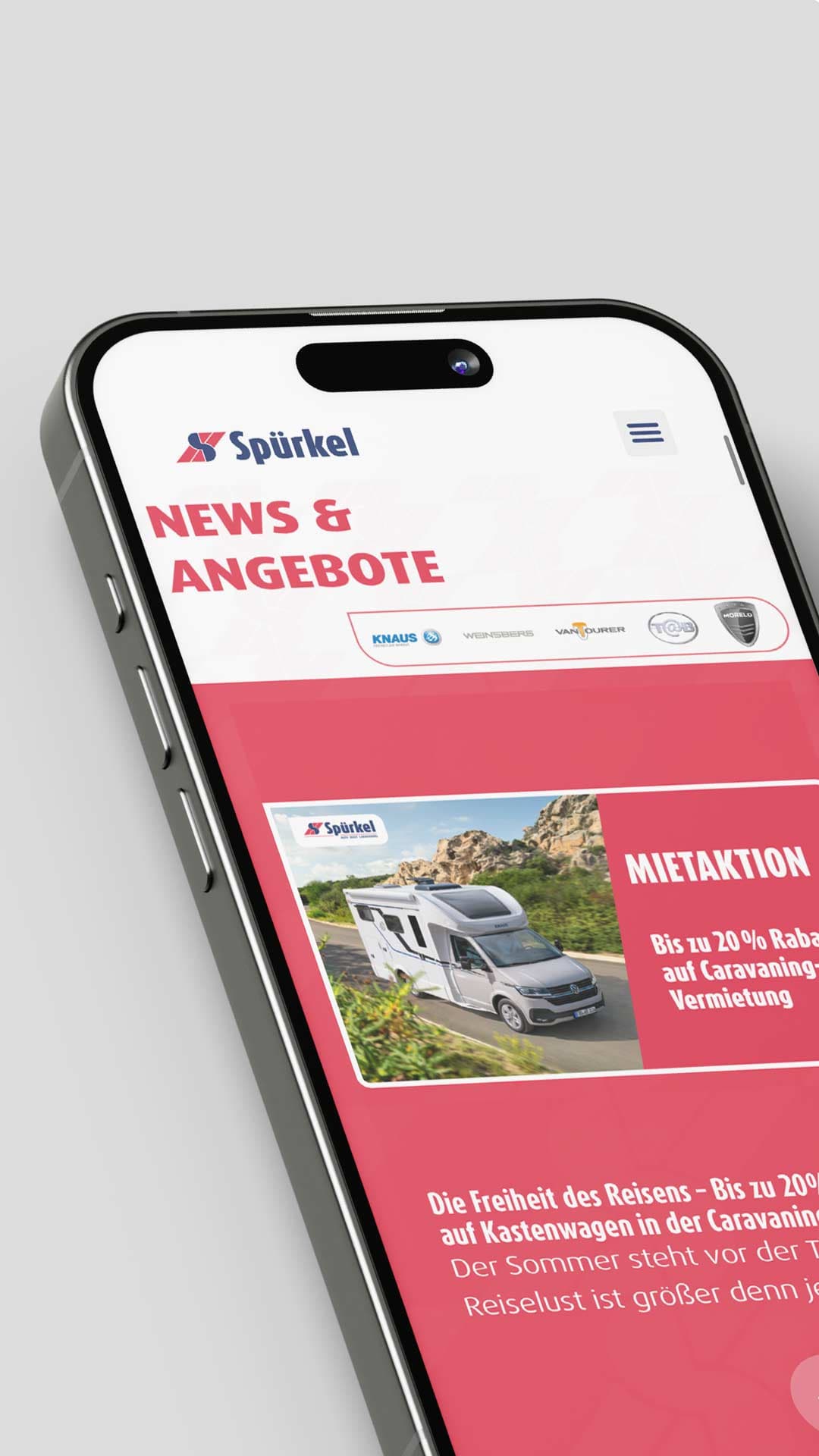 Mobile Spürkel Website mit News und Angeboten für Caravaning und Fahrzeugvermietung